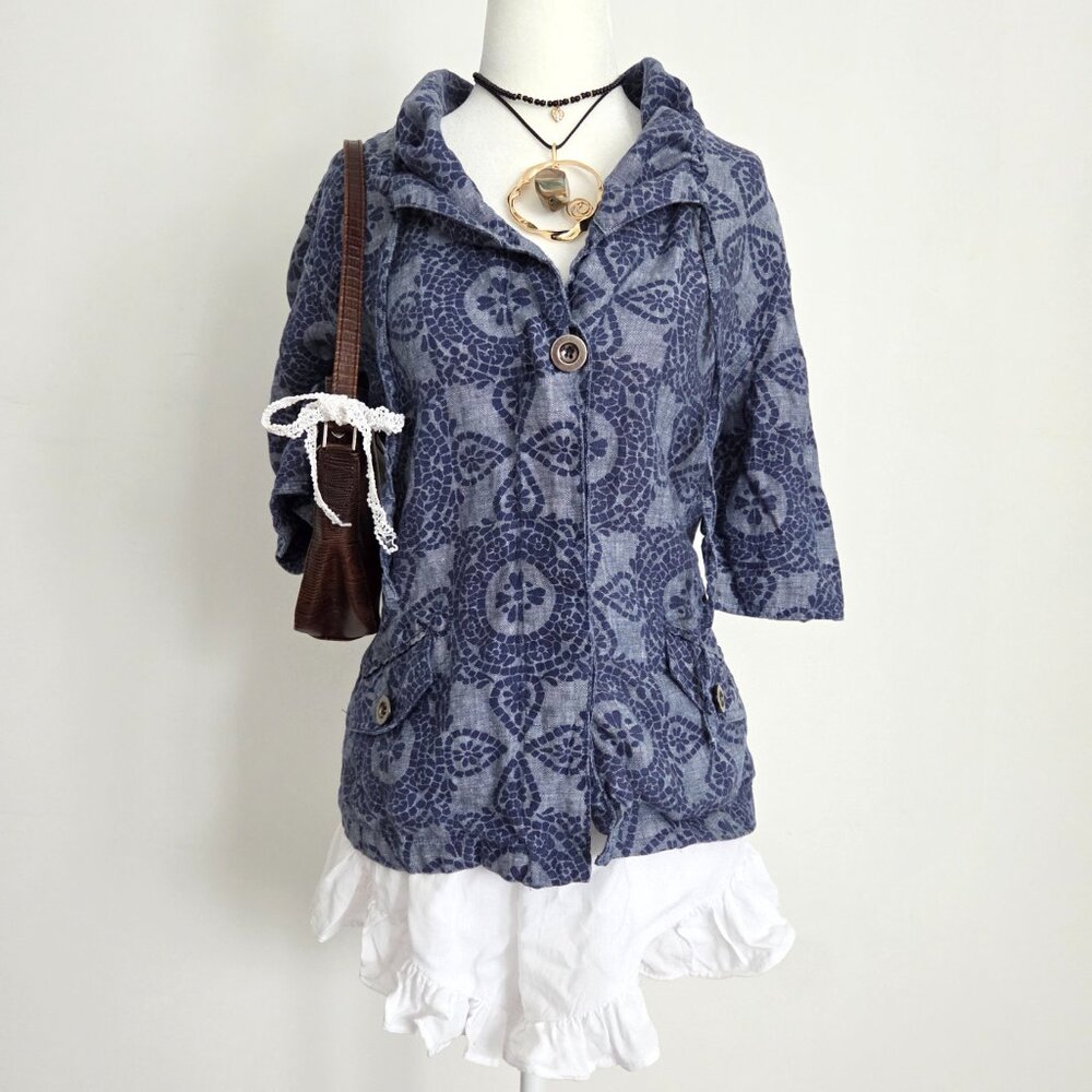 Vintage Boho Linen Medallion Print Jacket Size 14‎ Blue Y2K Artsy Indie Coastal